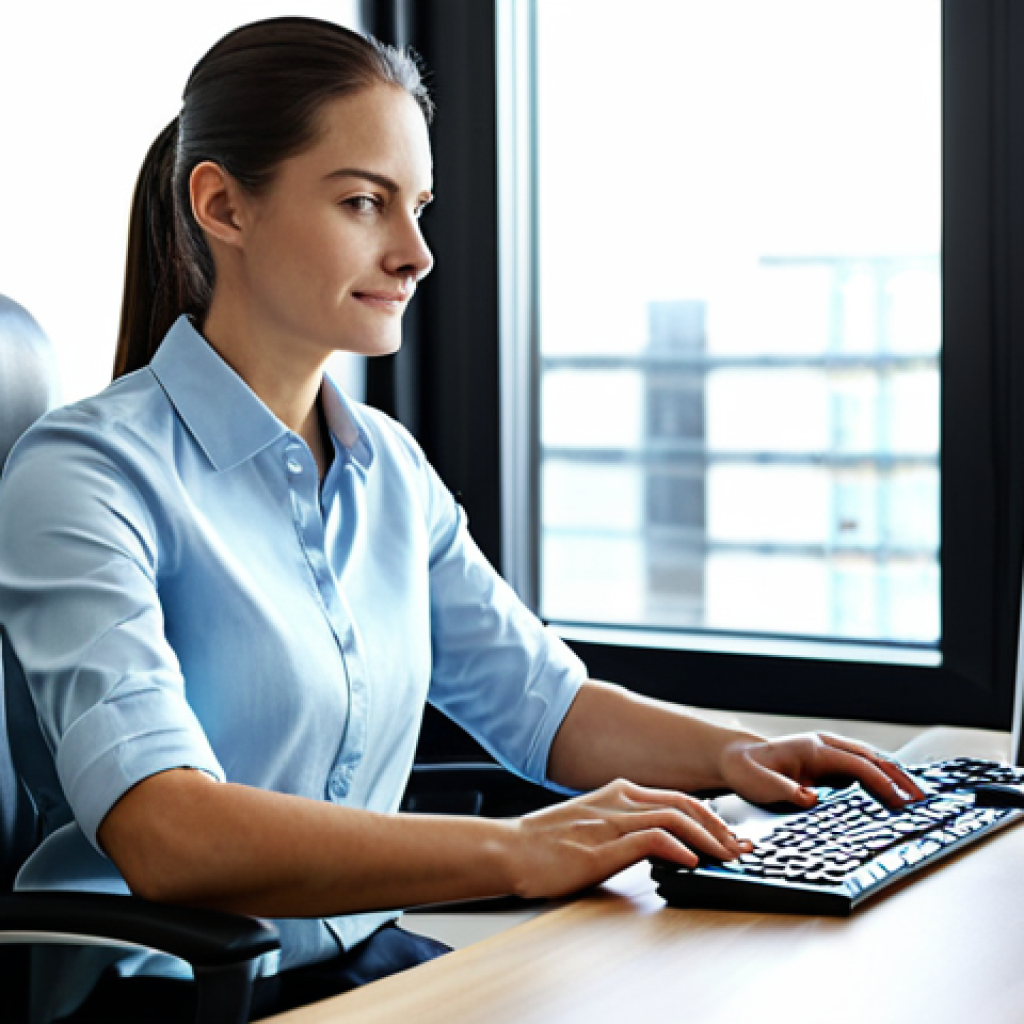 A professional adult, appearing relaxed and focused, uses a modern ergonomic setup. Dressed in smart, professional business attire, they are seated comfortably at a clean office desk, brightly lit by natural light from a large window. On the desk, a vertical mouse and an ergonomic split keyboard are present, with the person's hands naturally positioned, demonstrating correct posture. Professional photography, high resolution, detailed, studio lighting, fully clothed, modest clothing, appropriate attire, professional dress, safe for work, appropriate content, perfect anatomy, correct proportions, natural pose, well-formed hands, proper finger count, natural body proportions.
