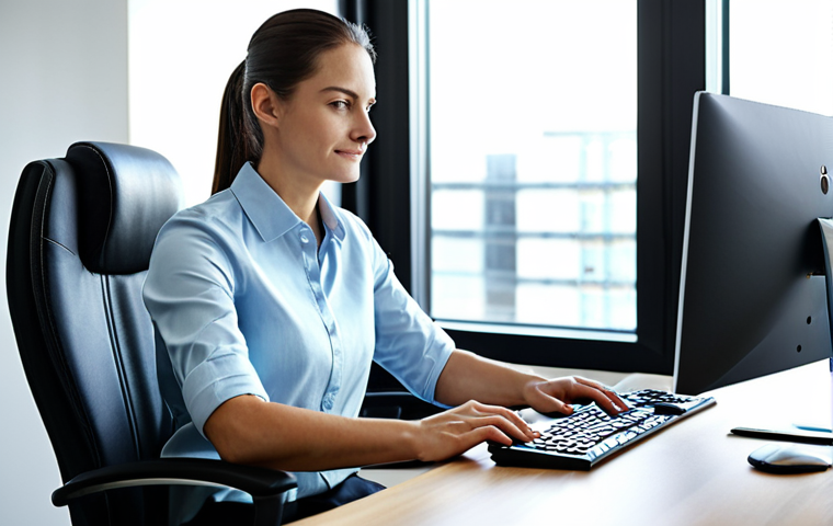A professional adult, appearing relaxed and focused, uses a modern ergonomic setup. Dressed in smart, professional business attire, they are seated comfortably at a clean office desk, brightly lit by natural light from a large window. On the desk, a vertical mouse and an ergonomic split keyboard are present, with the person's hands naturally positioned, demonstrating correct posture. Professional photography, high resolution, detailed, studio lighting, fully clothed, modest clothing, appropriate attire, professional dress, safe for work, appropriate content, perfect anatomy, correct proportions, natural pose, well-formed hands, proper finger count, natural body proportions.