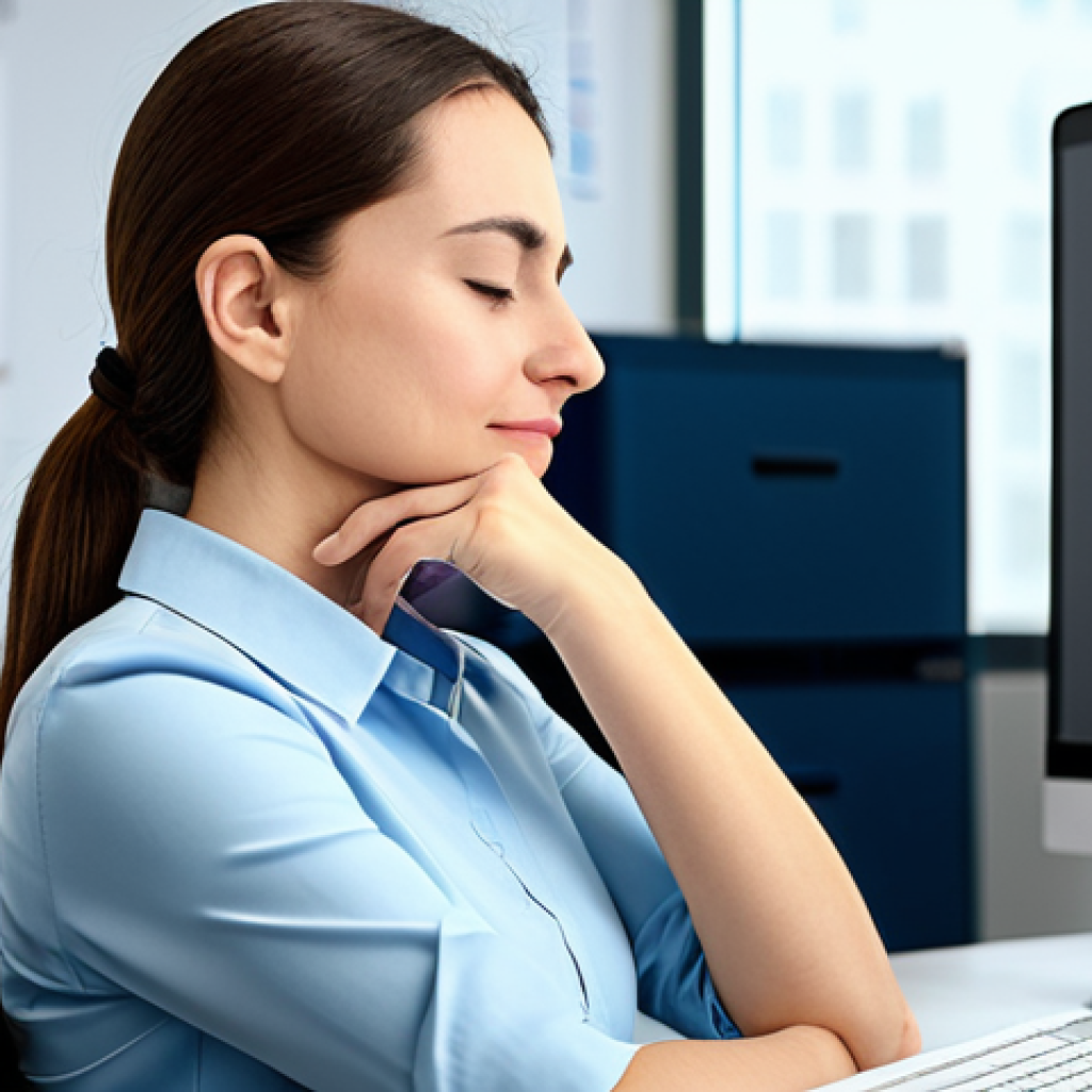 Desk Worker Relief**
A professional woman, fully clothed in modest office attire, experiencing neck stiffness at her desk. Modern office background. She is gently massaging her neck. Perfect anatomy, correct proportions, natural pose, well-formed hands, proper finger count. Safe for work, appropriate content, professional, family-friendly, high quality.
**