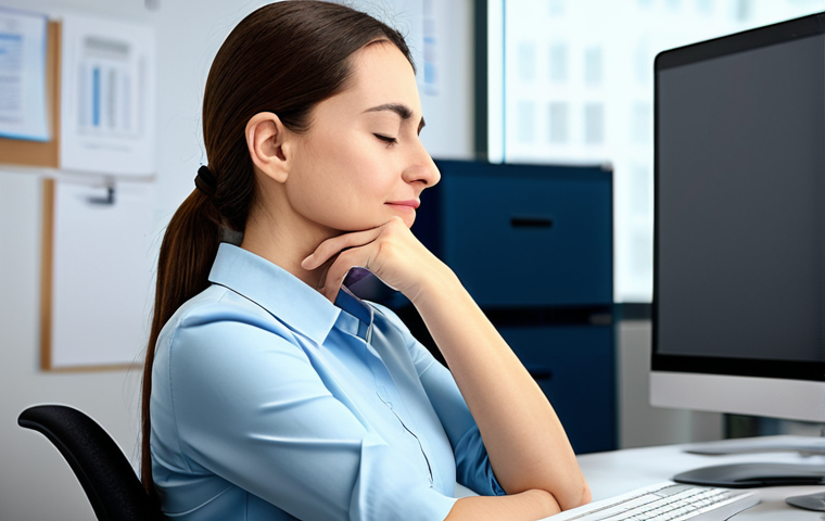 Desk Worker Relief**

A professional woman, fully clothed in modest office attire, experiencing neck stiffness at her desk. Modern office background. She is gently massaging her neck. Perfect anatomy, correct proportions, natural pose, well-formed hands, proper finger count. Safe for work, appropriate content, professional, family-friendly, high quality.

**