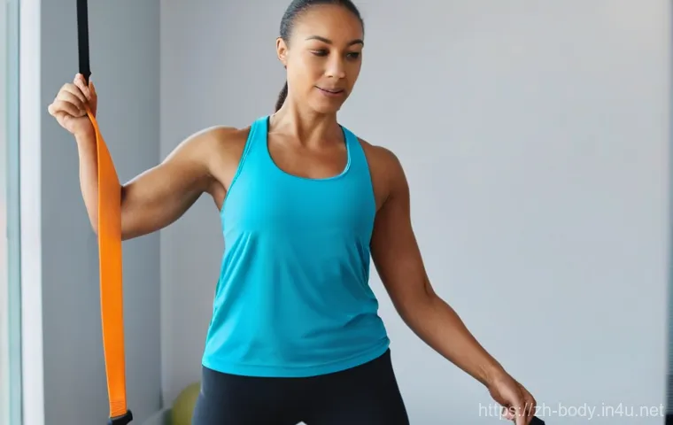 어깨 충돌증후군 완화법 - **Prompt:** A person, late 20s to early 40s, wearing comfortable, modest athletic wear (a t-shirt an...