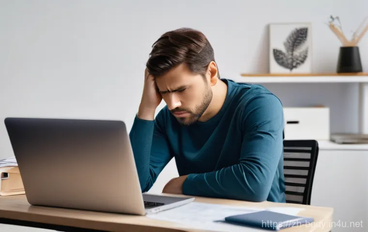 어깨 통증 물리치료 후기 - **Prompt:** A young adult, around 30 years old, sitting at a modern desk with a laptop, looking frus...