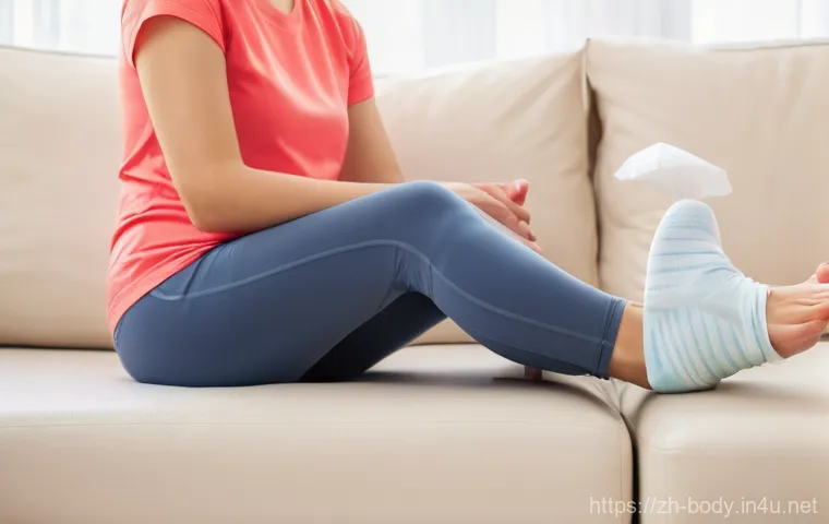 발목 염좌와 테이핑 요법 - **Prompt:** A young adult, male or female, with a visibly swollen ankle after a minor sports injury....