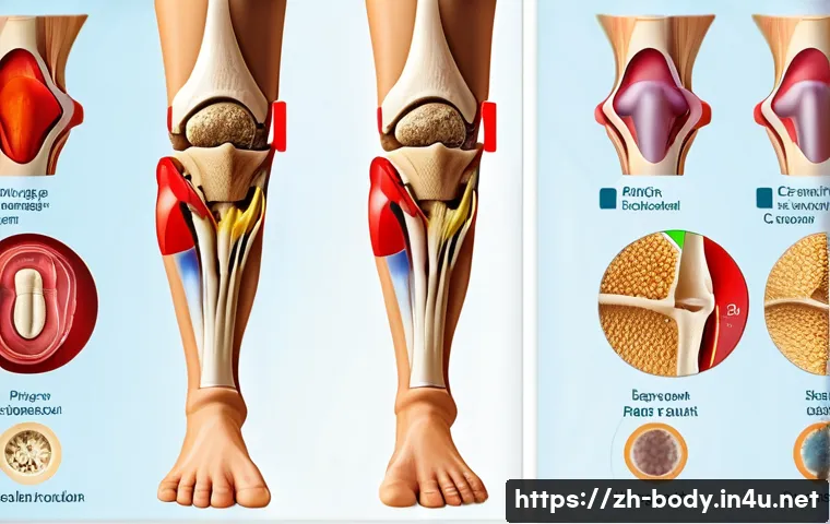 무릎 연골 손상 치료 비용 - A detailed medical illustration showing the progression of knee cartilage damage from mild to severe...