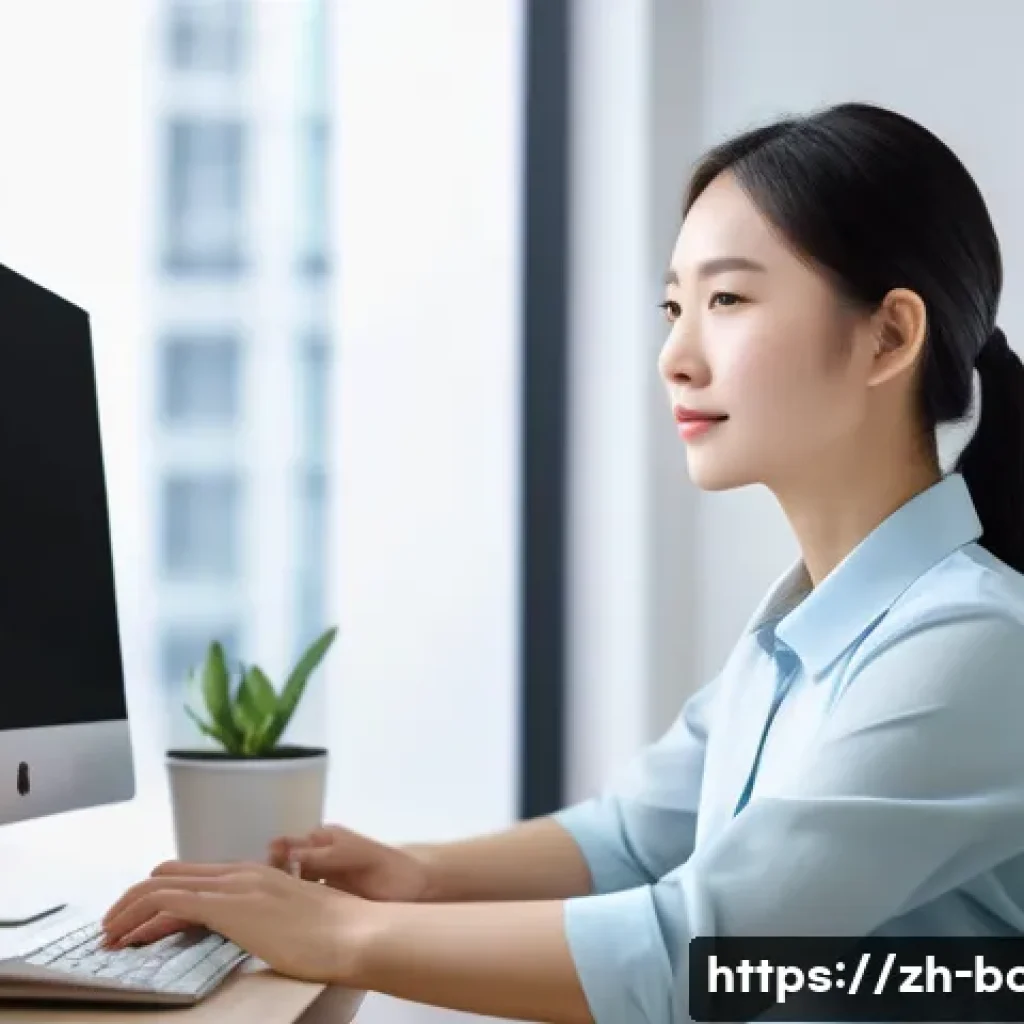 목 통증 자가 관리법 - A modern office scene showing a young Chinese professional sitting at a sleek desk with a computer m...