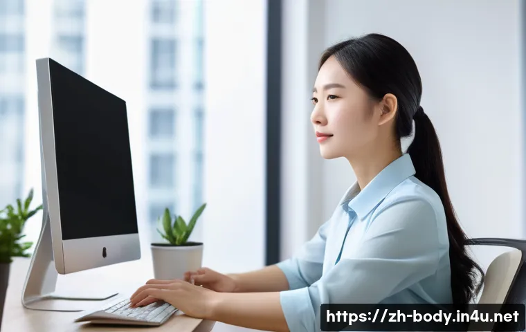 목 통증 자가 관리법 - A modern office scene showing a young Chinese professional sitting at a sleek desk with a computer m...