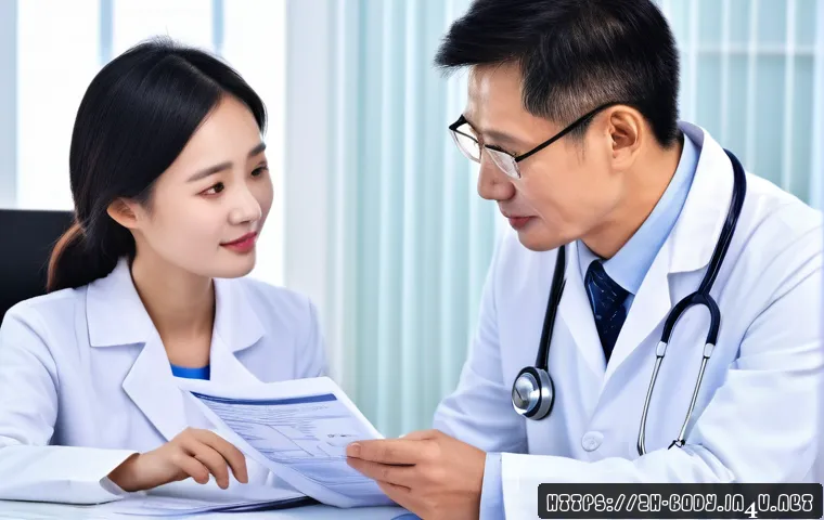 무릎 관절 수술 보험 적용 - A modern hospital setting showing a middle-aged Chinese patient consulting with a doctor about knee ...