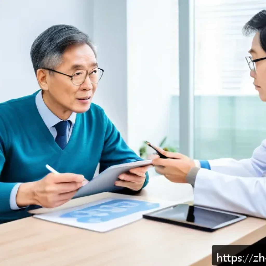 허리 통증 진단과 치료 - A modern clinical consultation scene in a bright, clean medical office, featuring a middle-aged Asia...