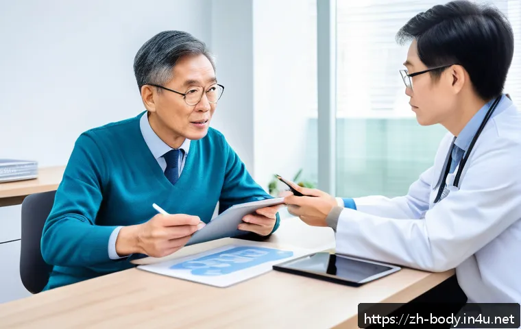 허리 통증 진단과 치료 - A modern clinical consultation scene in a bright, clean medical office, featuring a middle-aged Asia...