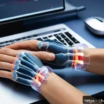 손목터널증후군 치료 사례 - A detailed medical illustration showing a close-up view of a human wrist with the carpal tunnel high...