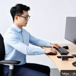 손목터널증후군 예방 방법 - A modern ergonomic office setup featuring a wave-shaped keyboard and a vertical mouse on a sleek woo...