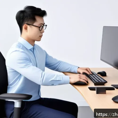 손목터널증후군 예방 방법 - A modern ergonomic office setup featuring a wave-shaped keyboard and a vertical mouse on a sleek woo...