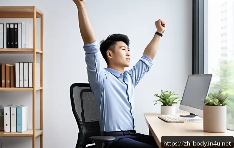 허리 통증 치료 성공 사례 - A modern office scene showing a young adult male sitting at an ergonomic desk chair with proper post...