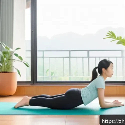 허리 통증 예방 스트레칭 - A serene indoor yoga studio scene featuring a young Asian woman in comfortable sportswear performing...