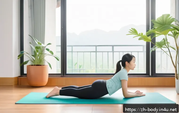 허리 통증 예방 스트레칭 - A serene indoor yoga studio scene featuring a young Asian woman in comfortable sportswear performing...