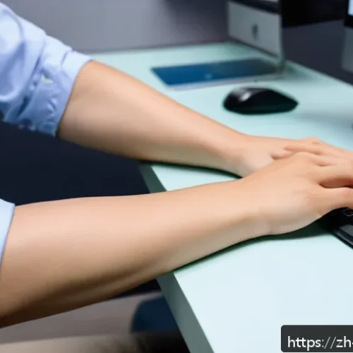 손목터널증후군 재활운동 - A detailed image of a young adult performing a wrist stretch with the palm facing down: the person’s...
