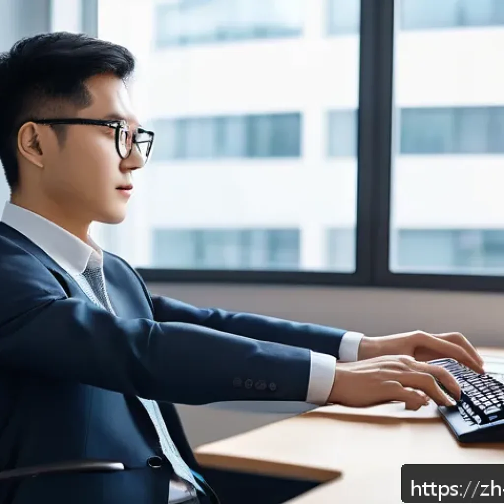 손목 보호 운동법 - A modern office environment scene showing a young Asian professional sitting at a desk with ergonomi...