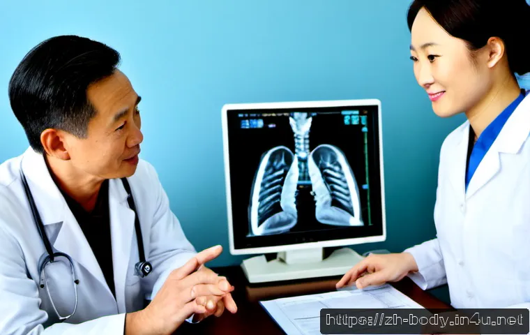 허리디스크 수술 비용 - Photorealistic hospital consultation scene, middle-aged East Asian patient seated comfortably beside...
