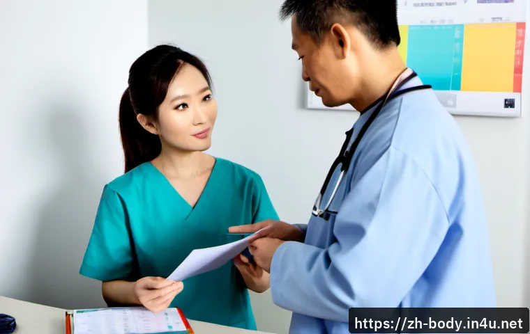 어깨 관절 진료비용 비교 - Photorealistic hospital consultation scene in a modern Chinese urban clinic, middle-aged East Asian ...