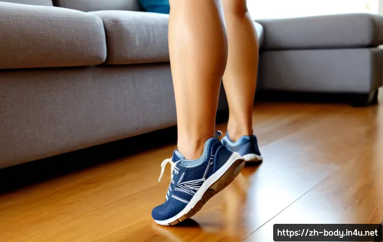 발바닥 통증 완화 신발 추천 - Photorealistic close-up of a middle-aged woman in comfortable cushioned walking shoes with supportiv...